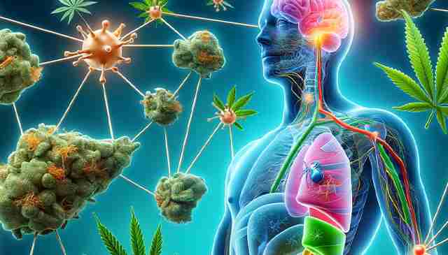 An illustration showcasing the endocannabinoid system (ECS) within the human body and how cannabis compounds interact with it.
