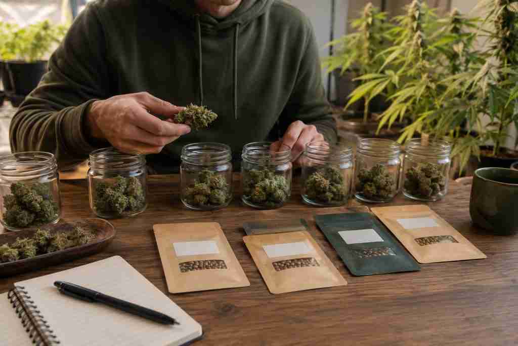 Cannabis seed selection workspace comparing different cannabinoid-focused genetics