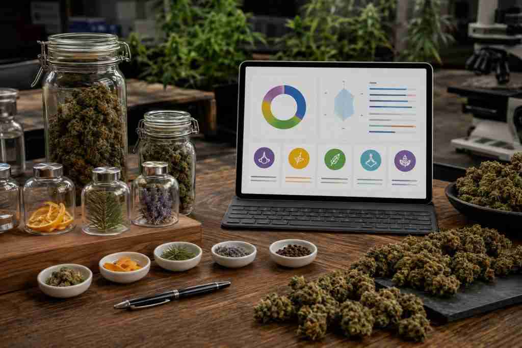 Botanical terpene study scene with cannabis flower citrus pine lavender and pepper