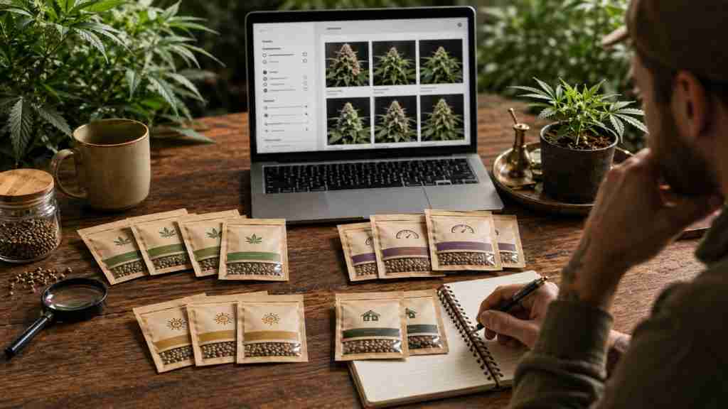Indoor grow planning workspace for choosing cannabis genetics by personal goals