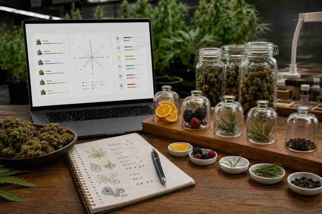 Cannabis terpene comparison workspace used to study earthy and herbal aroma profiles