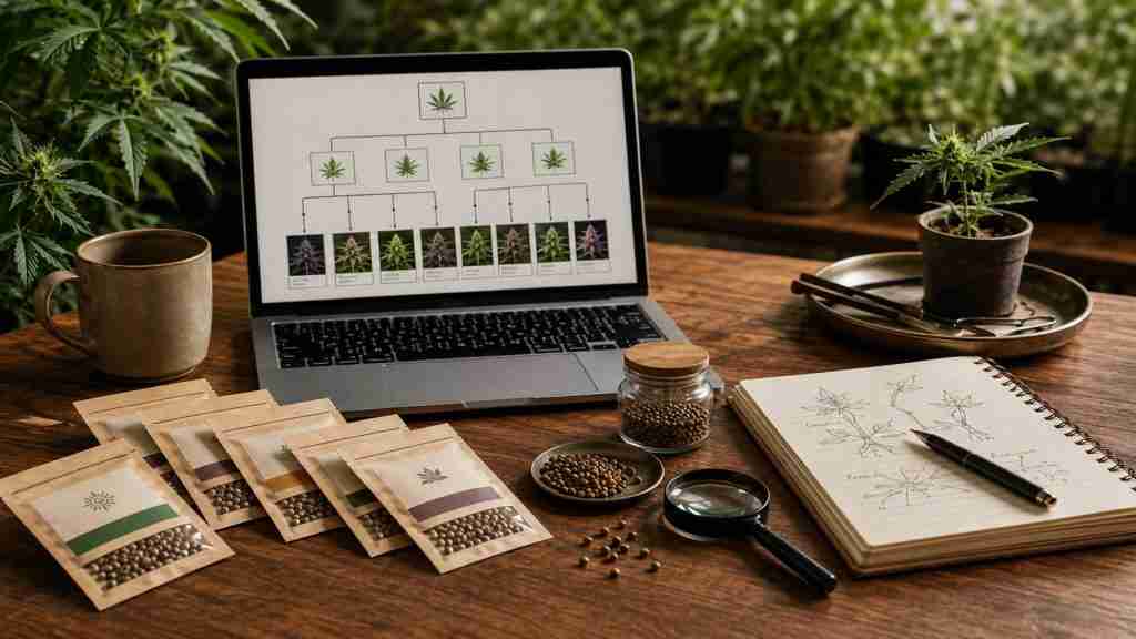 CBD seed research workbench with cannabis seeds and botanical notes
