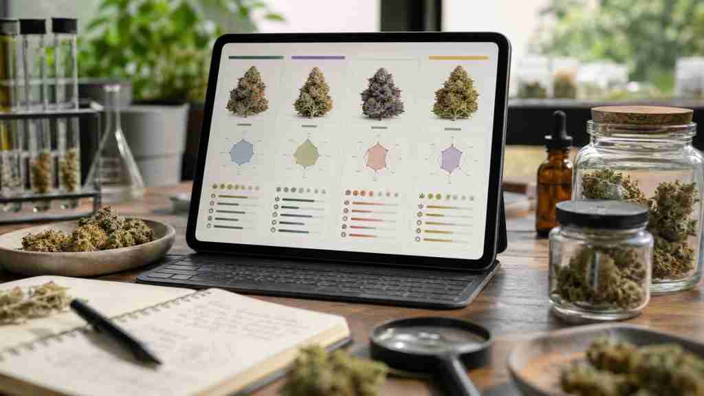 Cannabis strain analysis workspace comparing balanced CBD and THC profiles