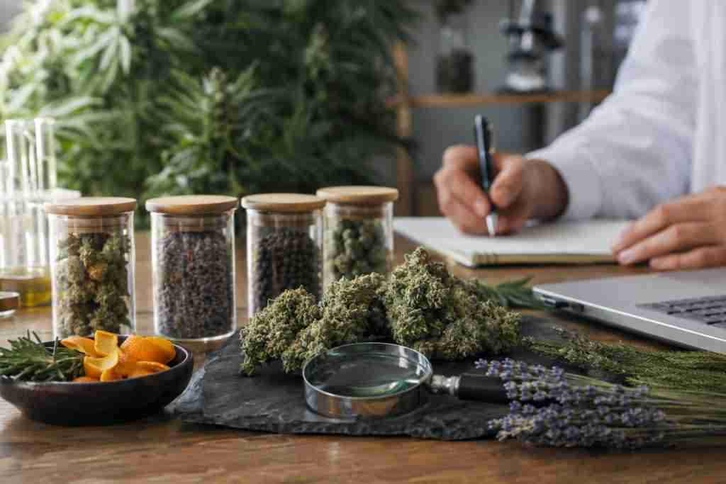 Cannabis botanical research desk with peppery spice aroma materials and flower samples