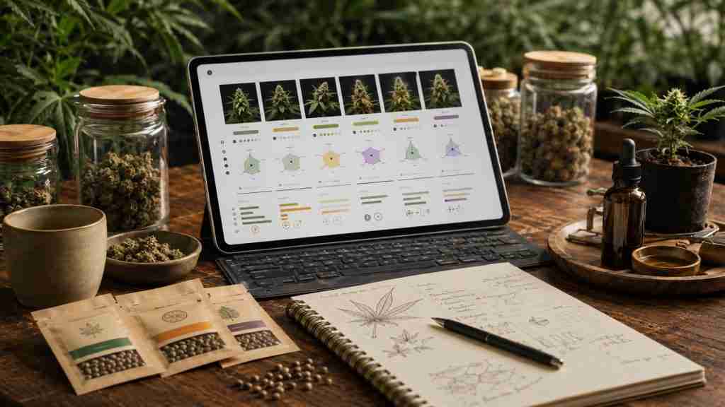 Cannabis data workspace comparing percentages and ratios across strain profiles
