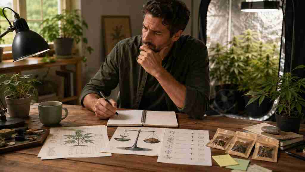 Grower planning cannabis seed choices around cannabinoid balance and personal goals