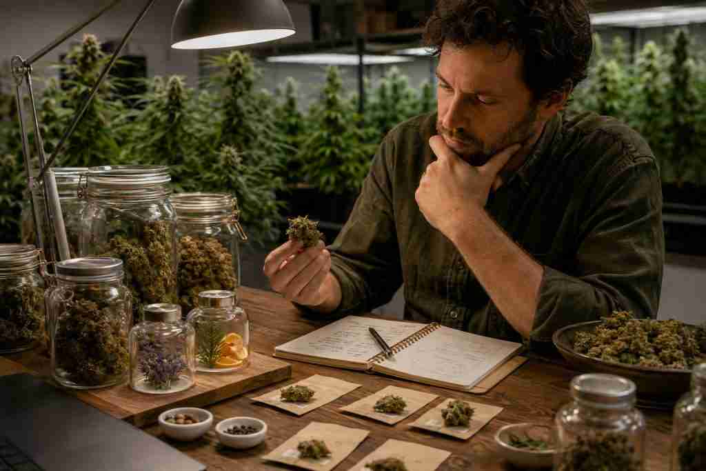 Cannabis workbench with pine and floral aroma references for terpene comparison