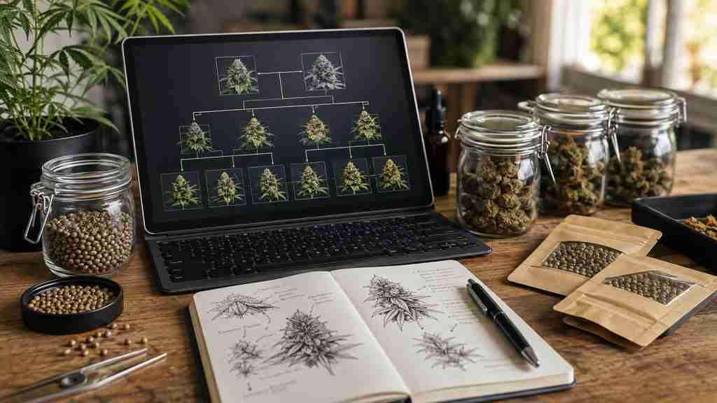 Cannabis breeding workspace with pedigree chart and seed samples for evaluating CBD genetics