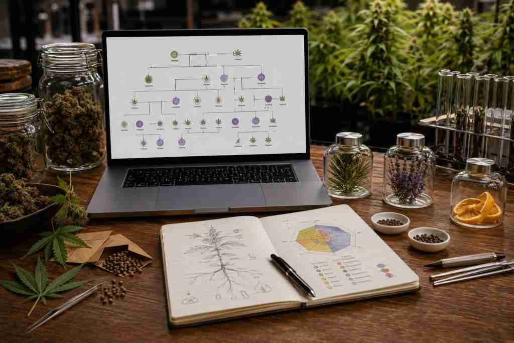 Cannabis strain research workspace comparing terpene and cannabinoid information