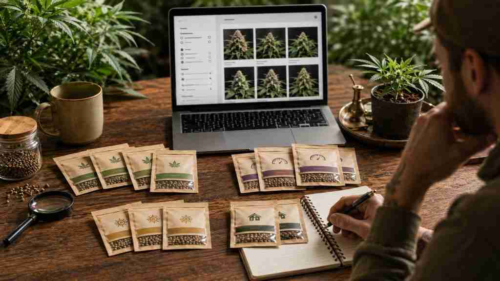CBD seed research workspace showing common mistakes when choosing autoflower or photoperiod genetics