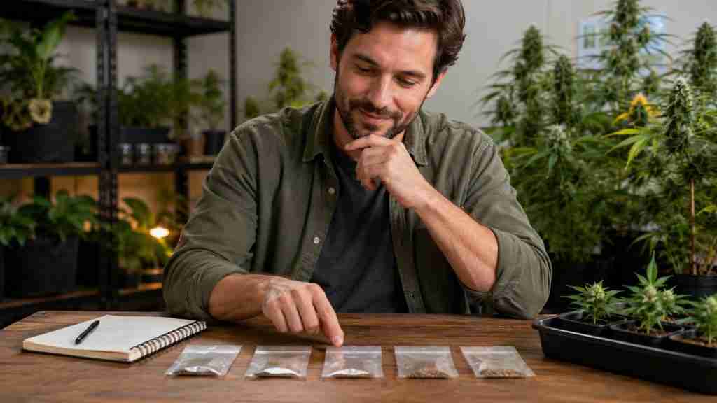 Thoughtful cannabis grow planning scene representing verification of CBD and THC ratios