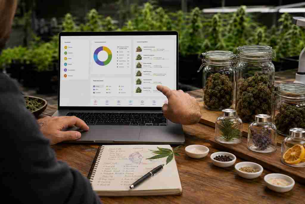 Cannabis cultivation dashboard workbench used to compare terpene names aroma notes and cannabinoid profiles