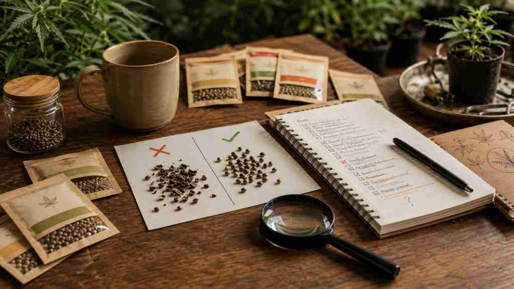 Cannabis seed quality inspection workspace used to compare seed price availability and genetic information
