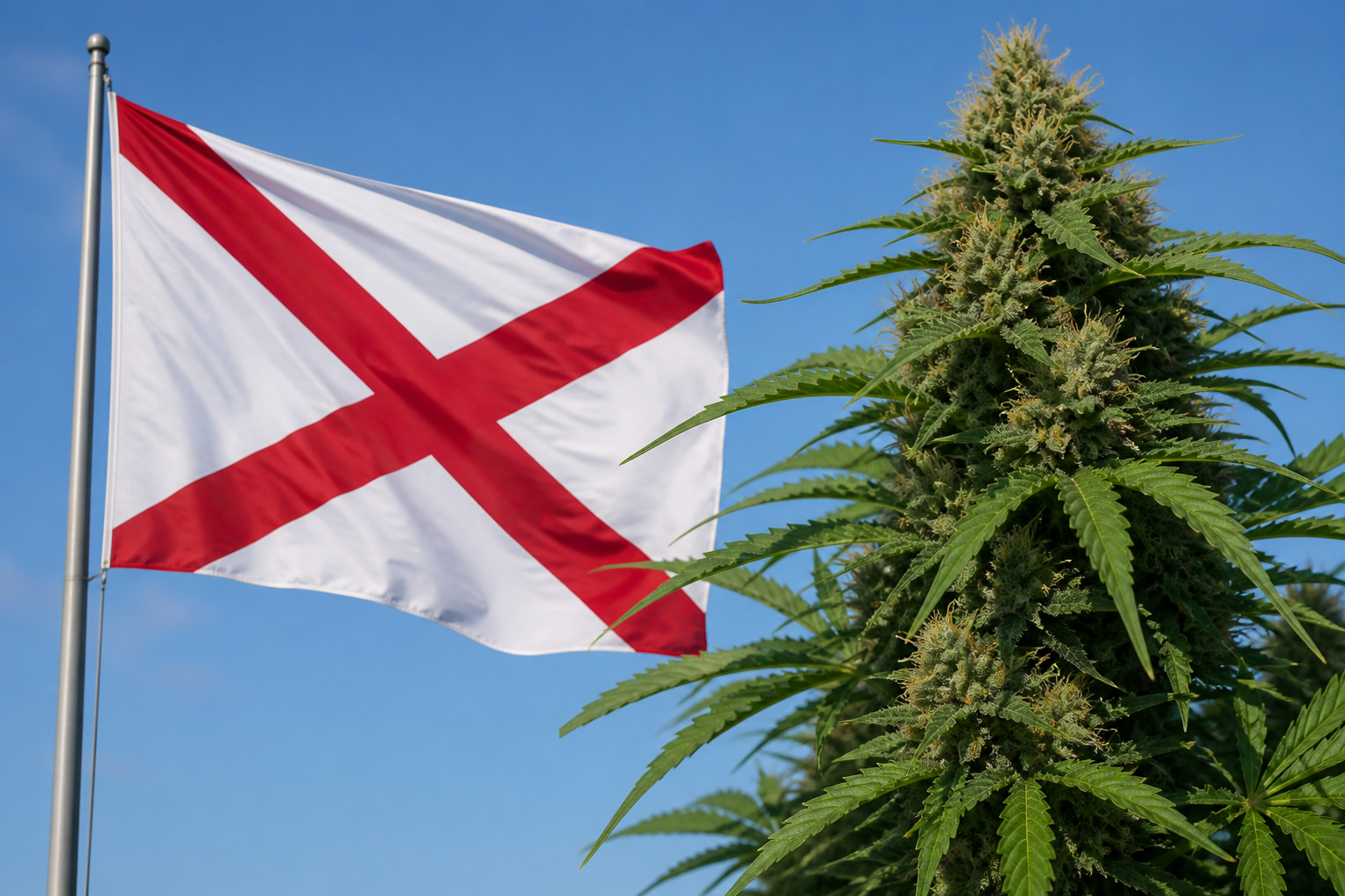 Flowering cannabis plant with the Alabama flag