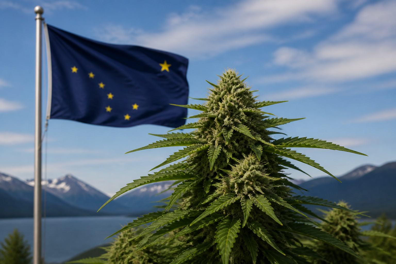 Flowering cannabis plant with the Alaska flag