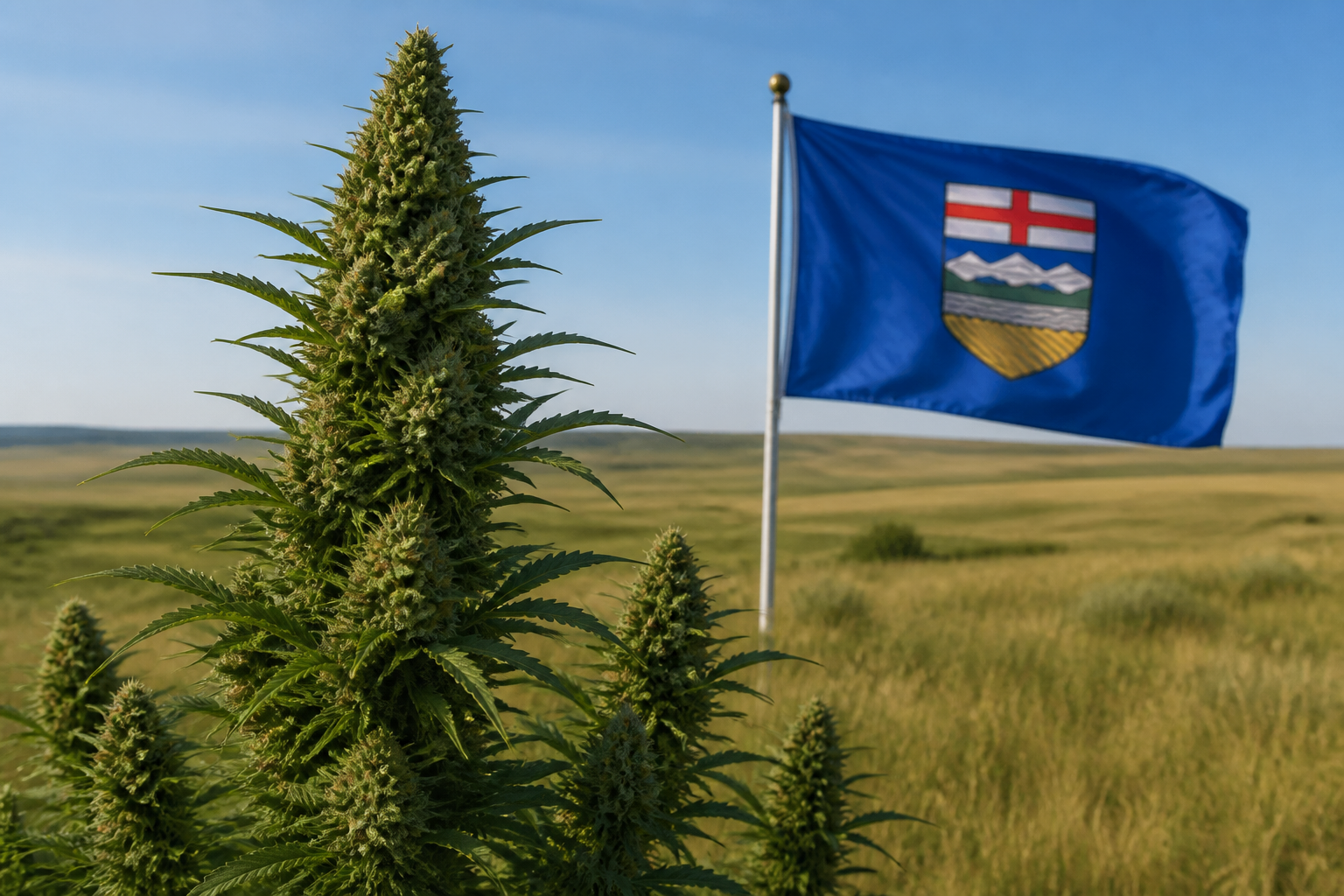Flowering cannabis plant with the Alberta flag