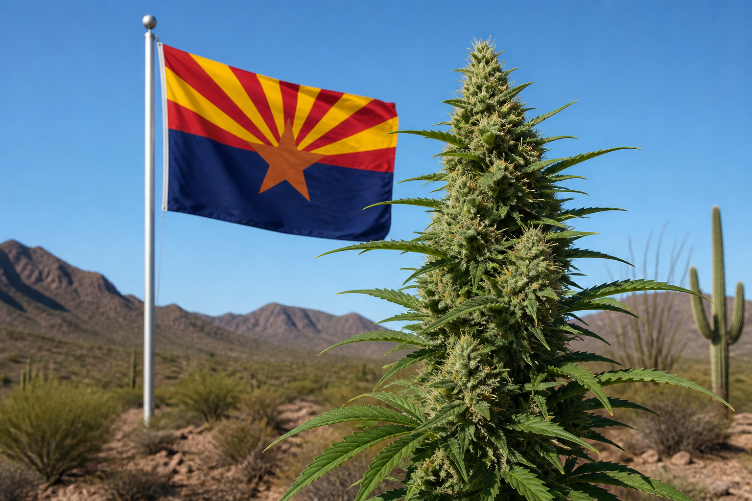 Flowering cannabis plant with the Arizona flag