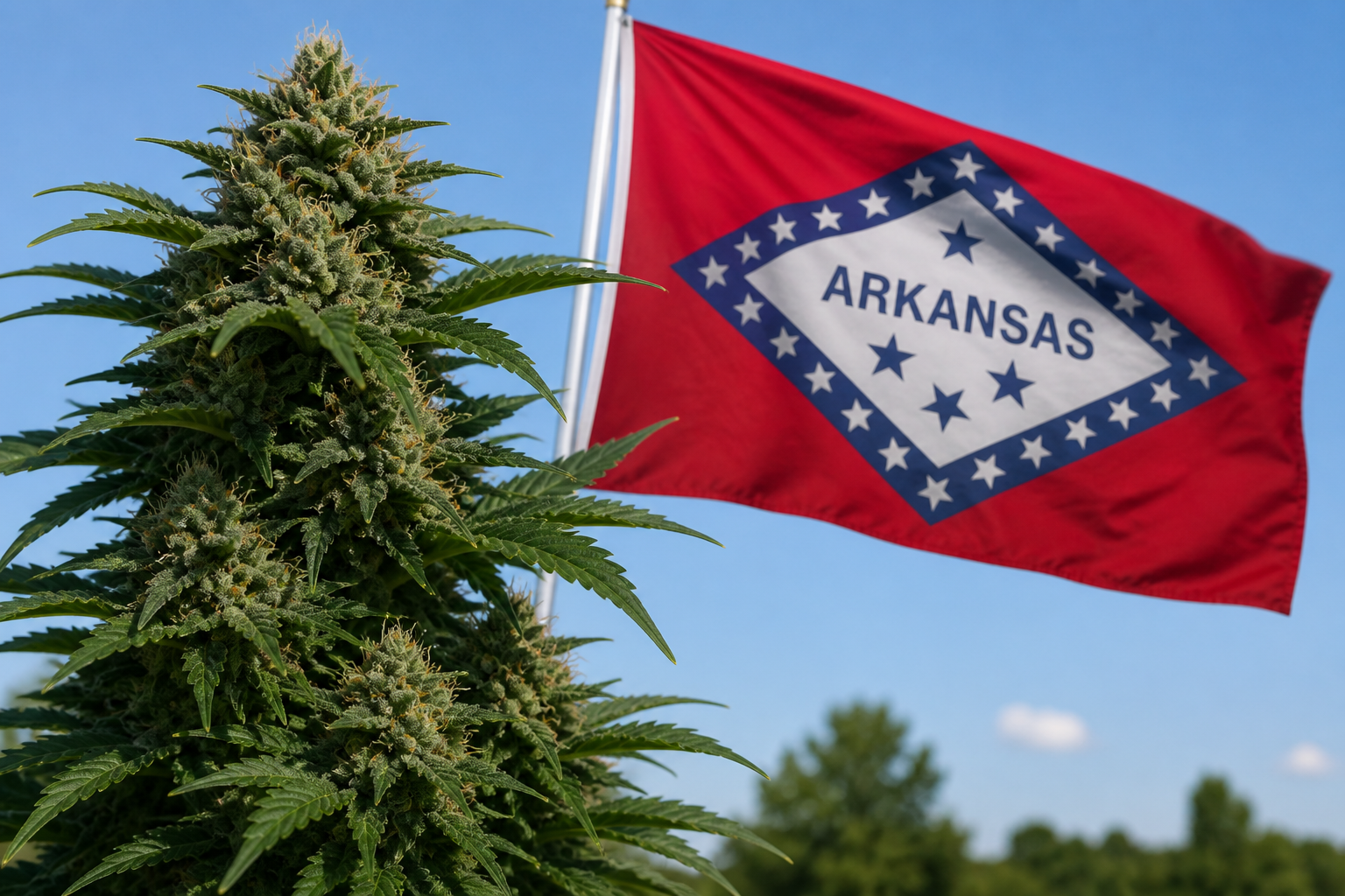 Flowering cannabis plant with the Arkansas flag