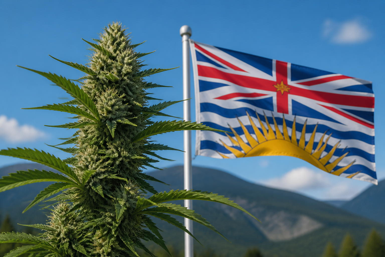 Flowering cannabis plant with the British Columbia flag