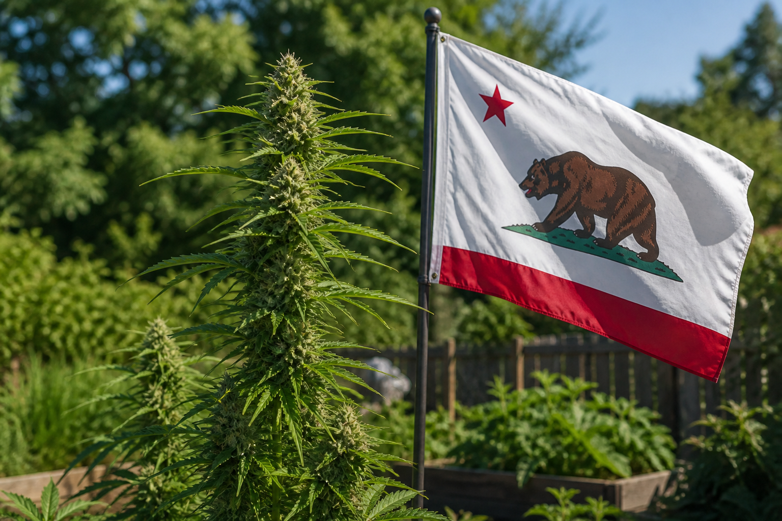 Flowering cannabis plant with the California flag
