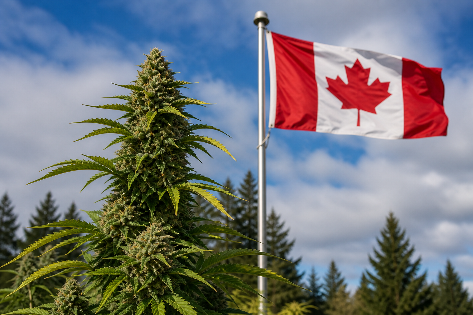 Flowering cannabis plant with the Canada flag
