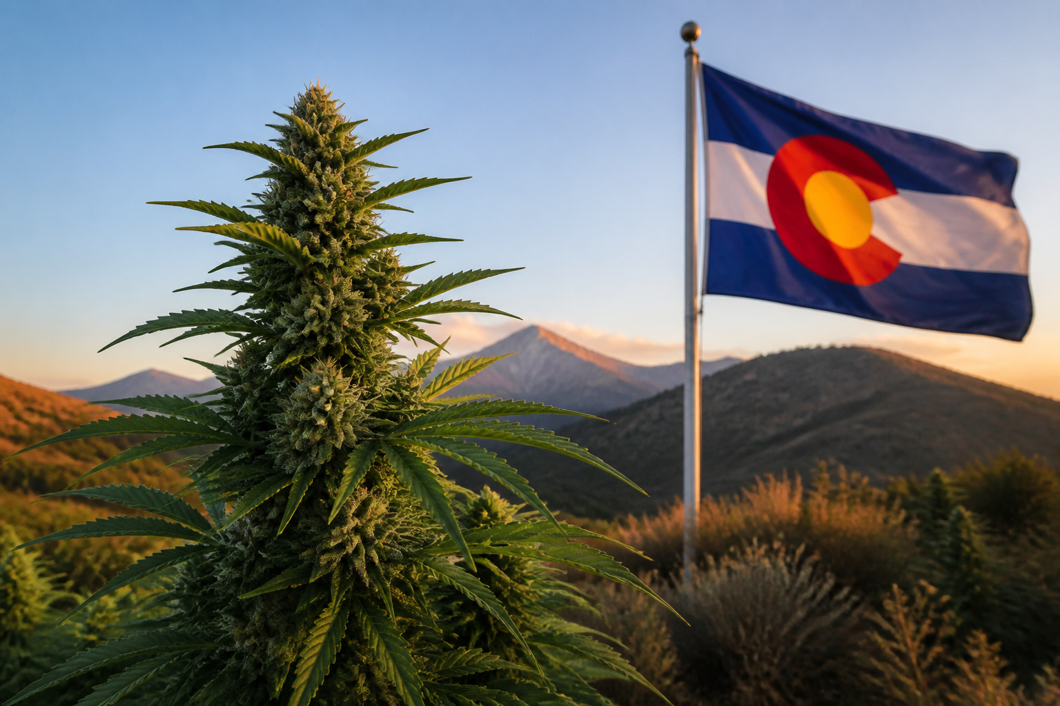 Flowering cannabis plant with the Colorado flag