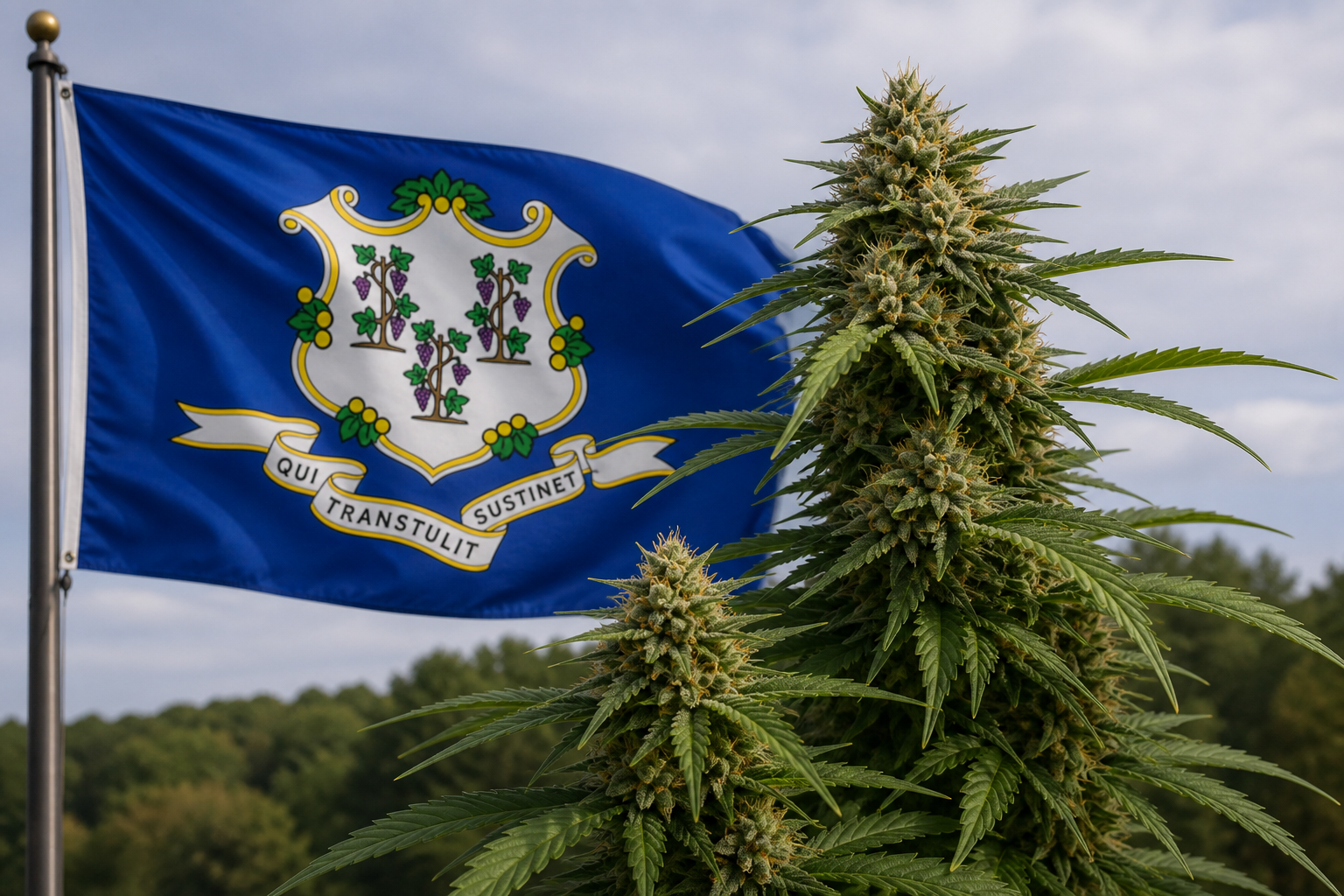 Flowering cannabis plant with the Connecticut flag