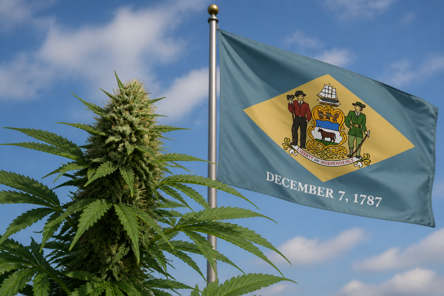 Flowering cannabis plant with the Delaware flag