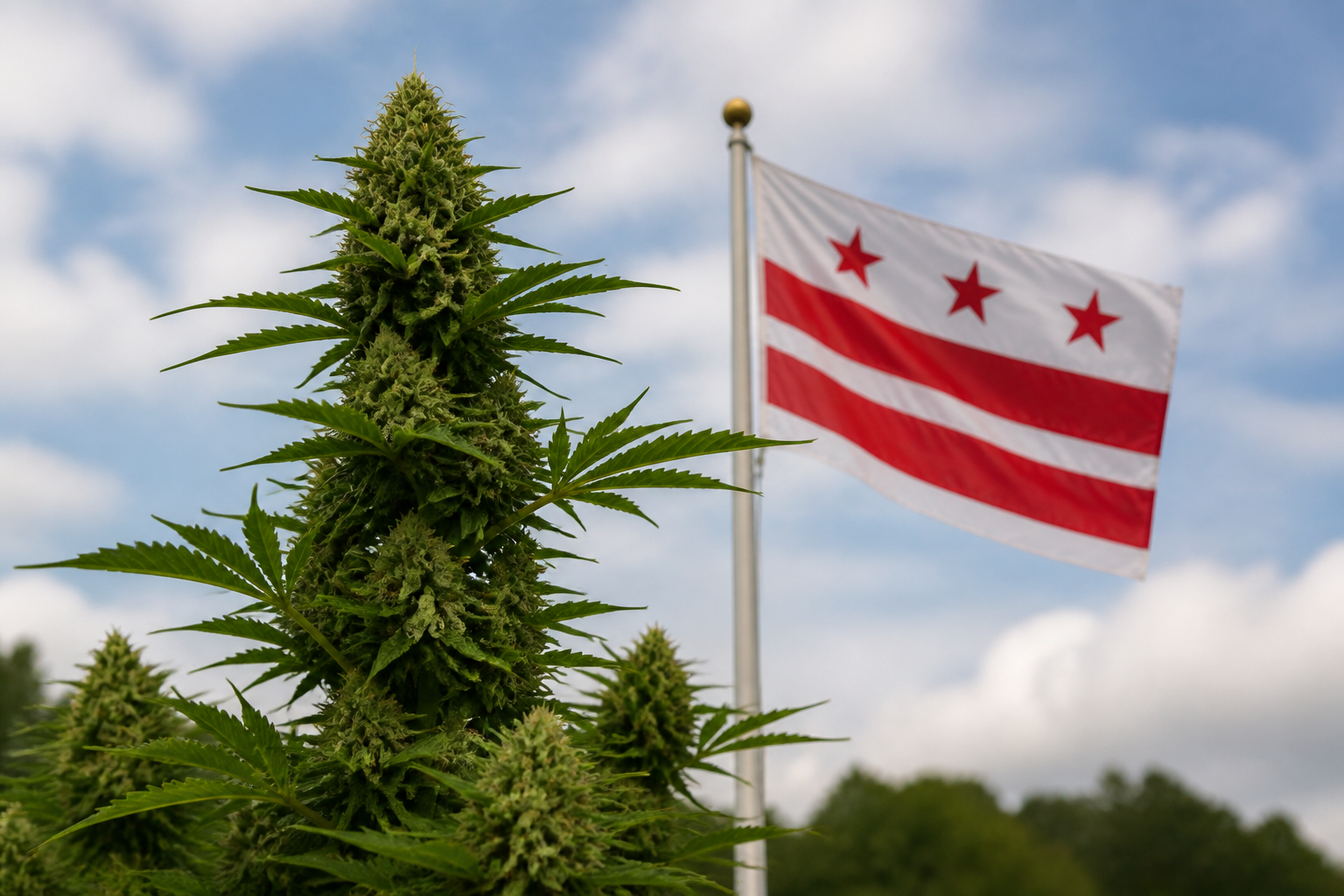 Flowering cannabis plant with the District of Columbia flag