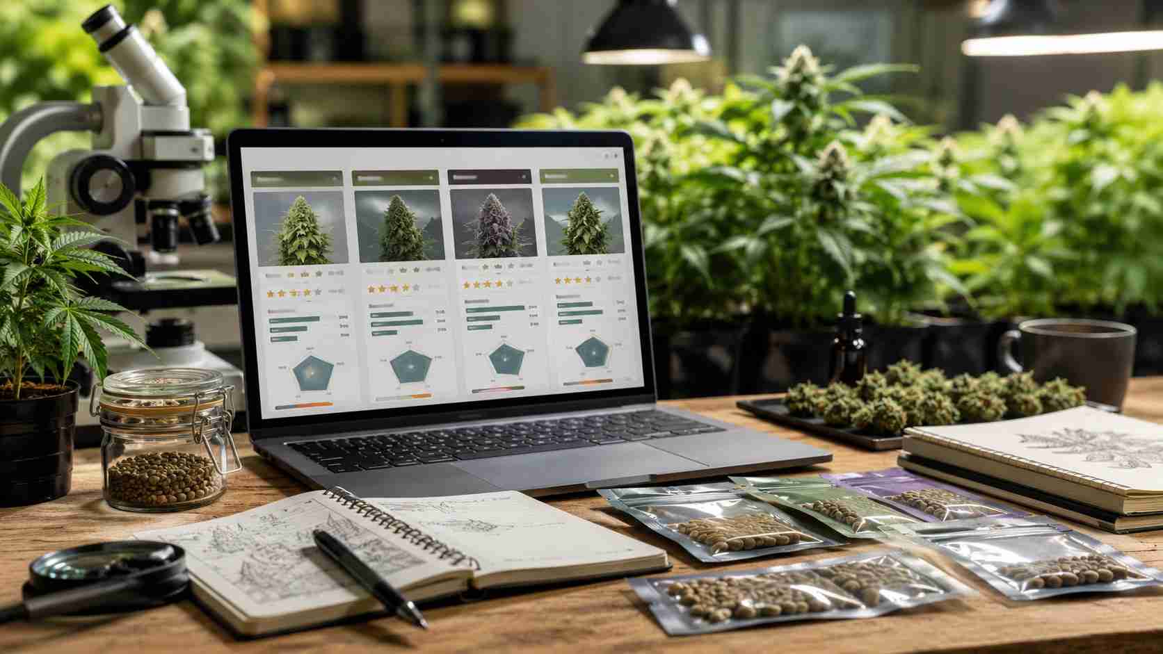 CBD cannabis seed research workspace comparing cannabinoid ratios and strain options
