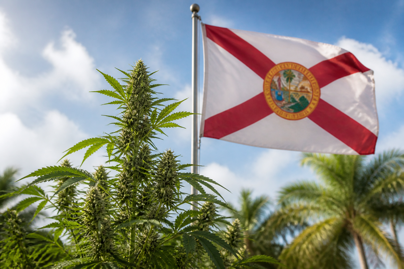 Flowering cannabis plant with the Florida flag