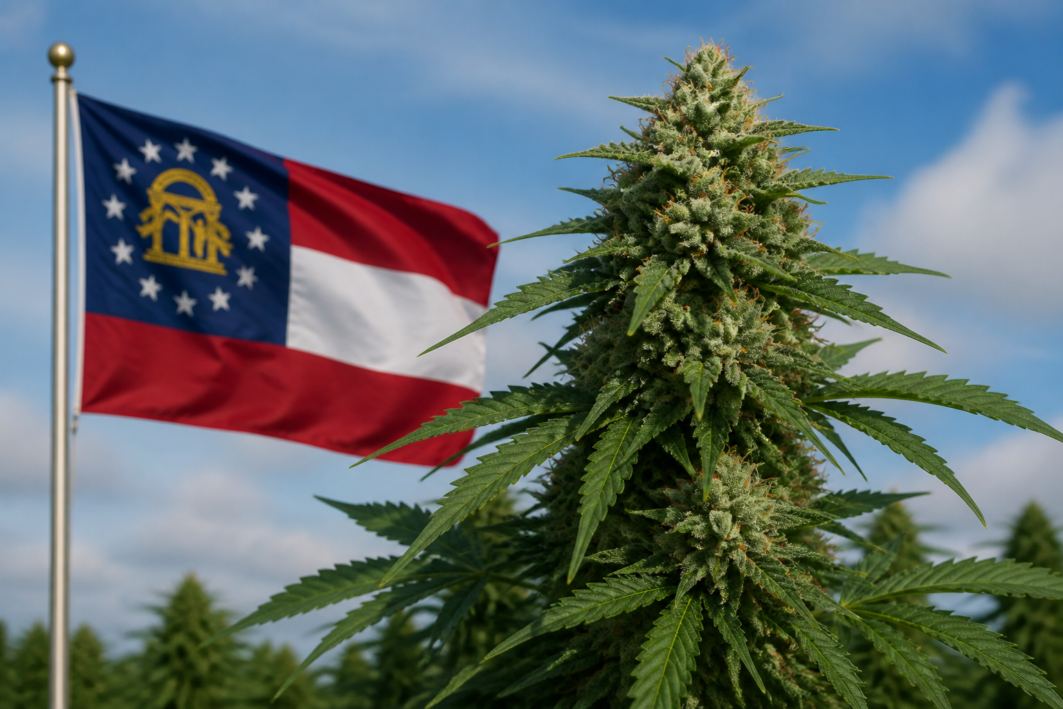 Flowering cannabis plant with the Georgia flag