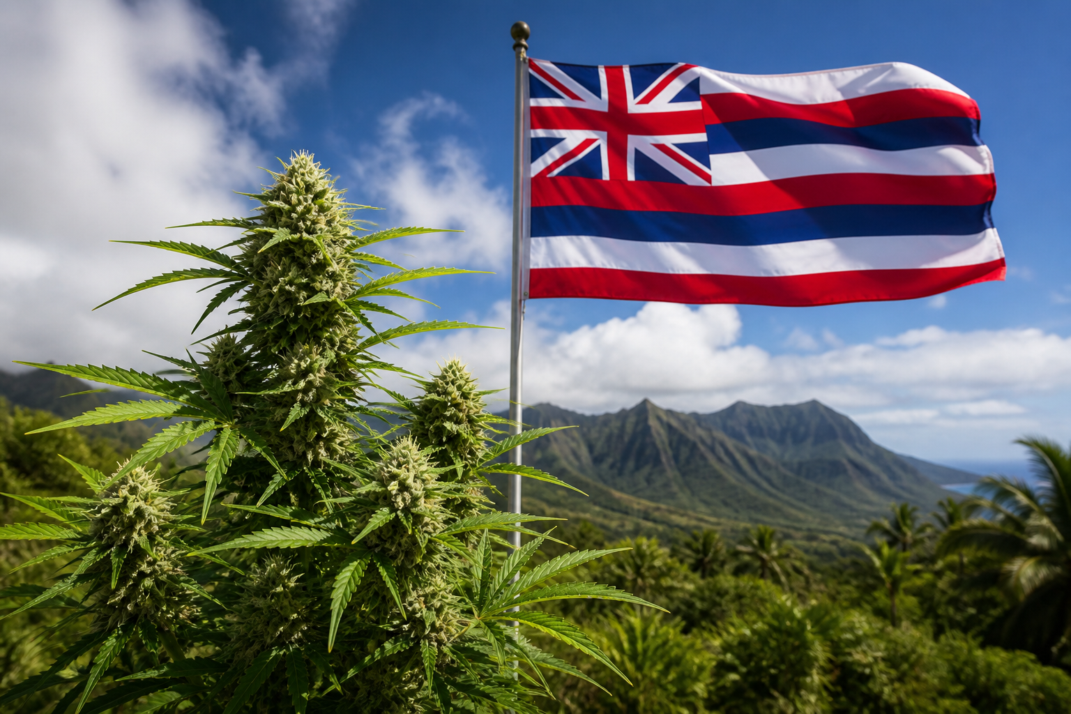 Flowering cannabis plant with the Hawaii flag