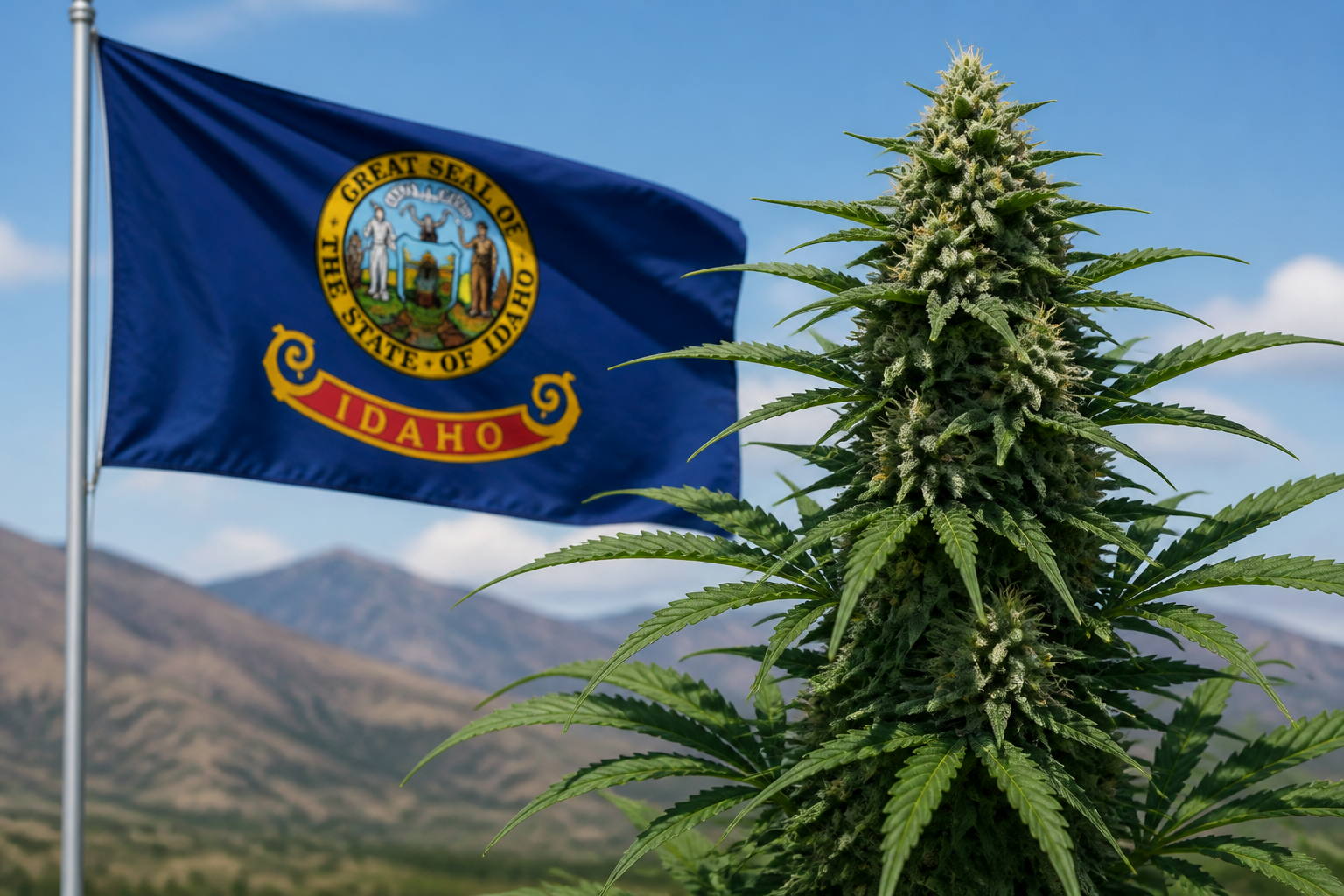 Flowering cannabis plant with the Idaho flag