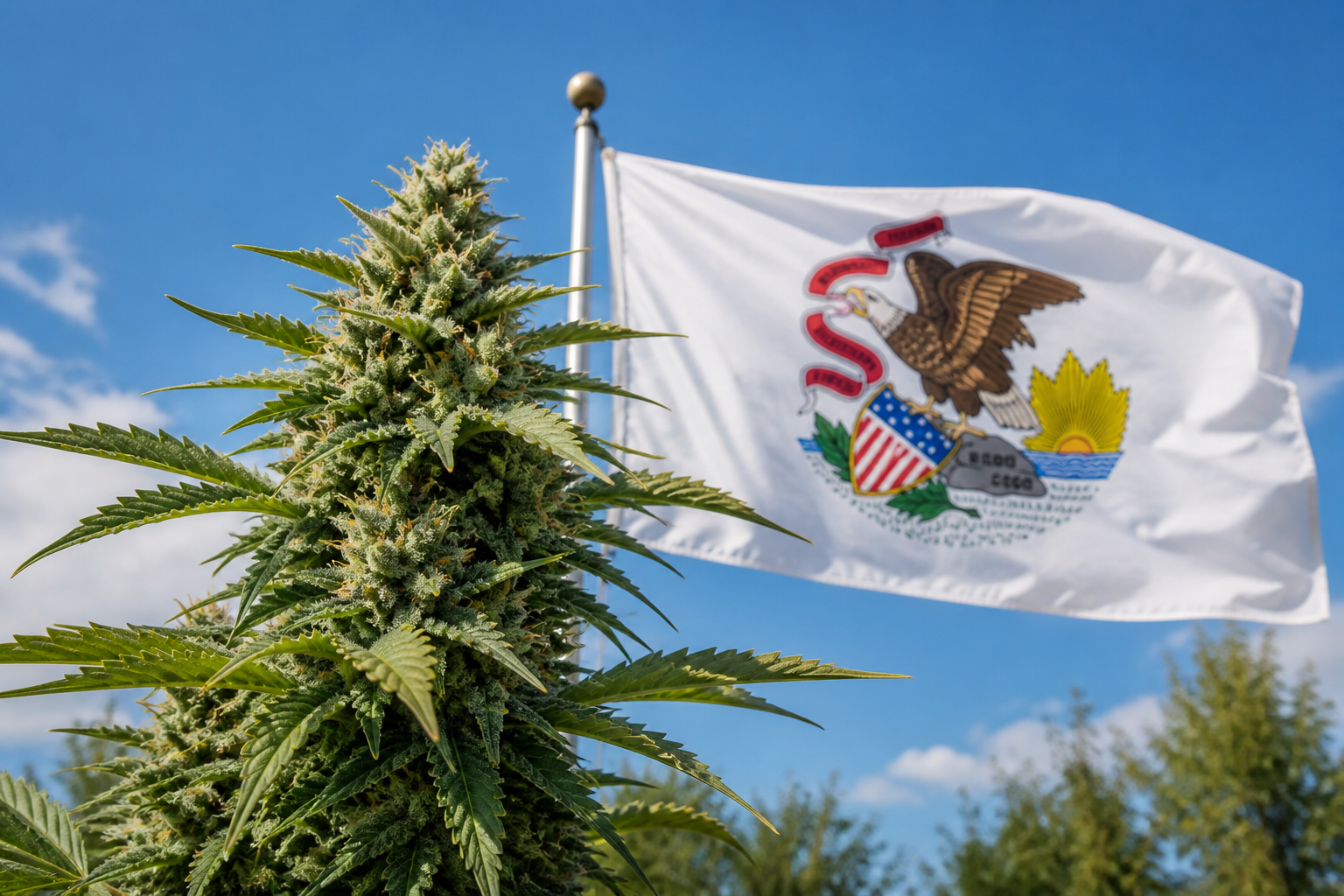 Flowering cannabis plant with the Illinois flag