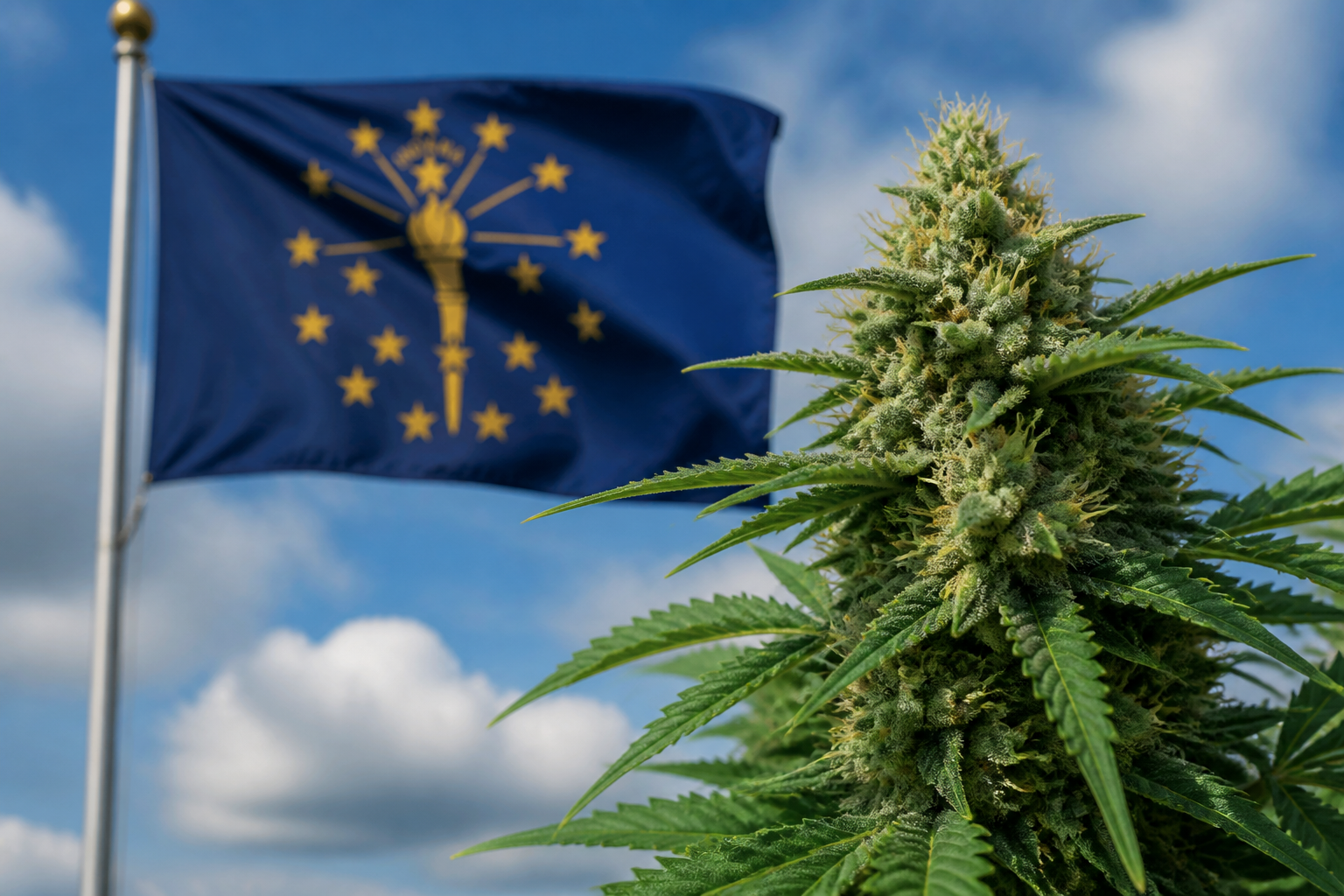 Flowering cannabis plant with the Indiana flag