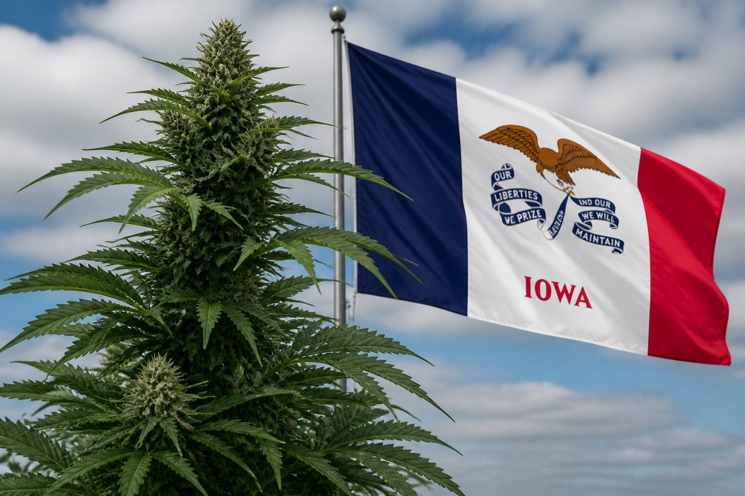Flowering cannabis plant with the Iowa flag