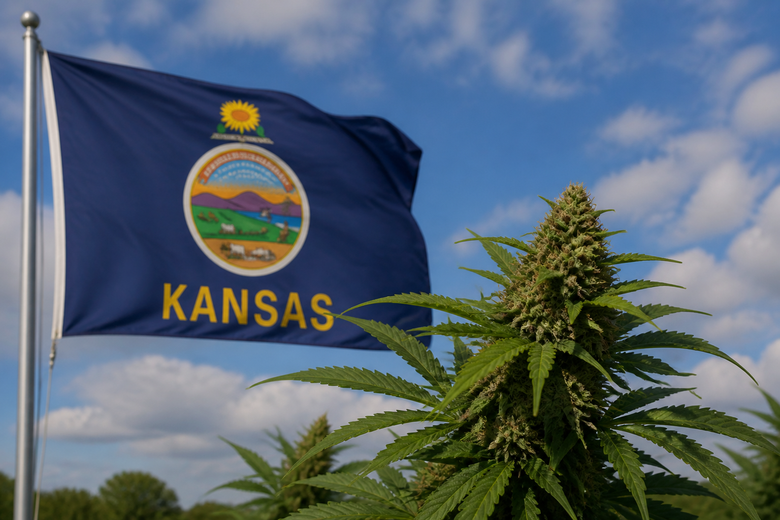Flowering cannabis plant with the Kansas flag