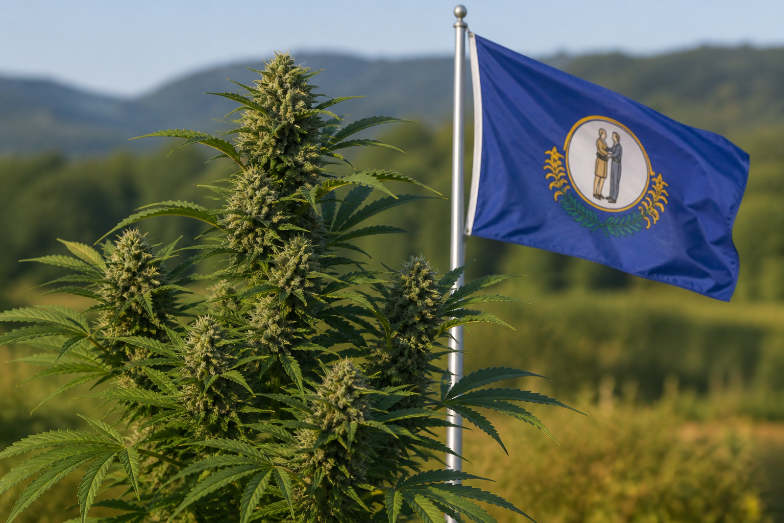 Flowering cannabis plant with the Kentucky flag