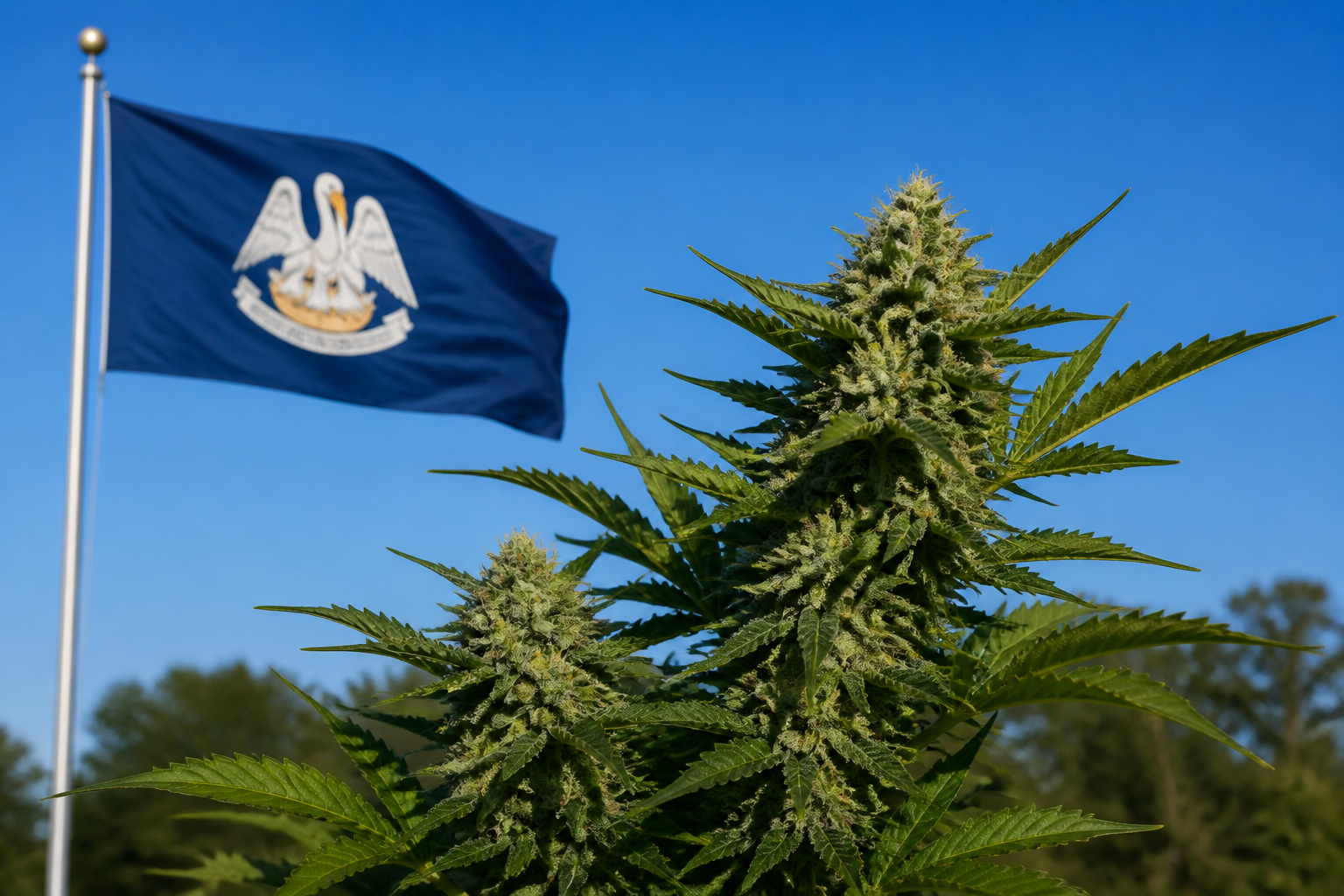 Flowering cannabis plant with the Louisiana flag