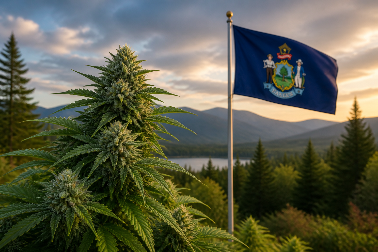 Flowering cannabis plant with the Maine flag
