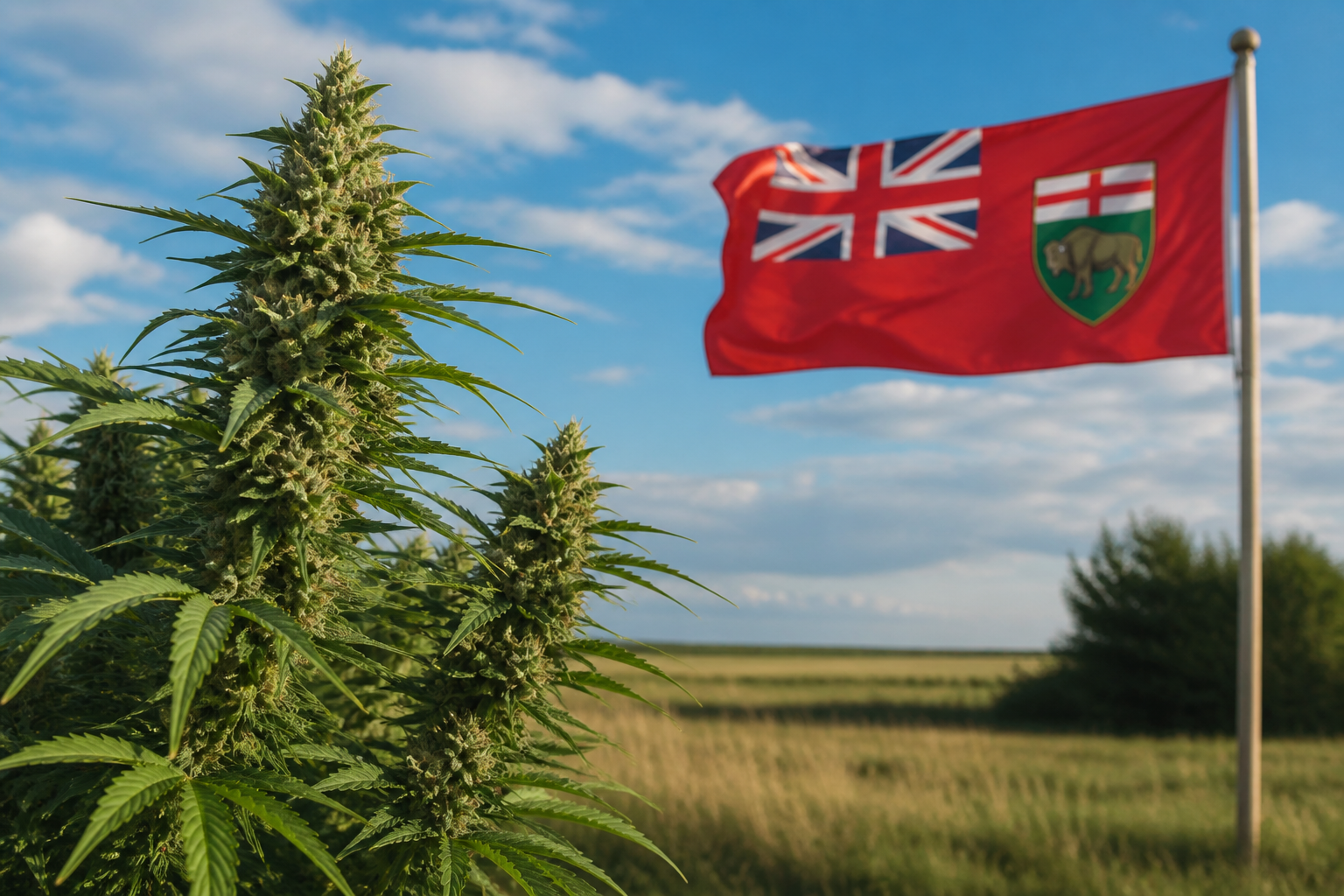 Flowering cannabis plant with the Manitoba flag