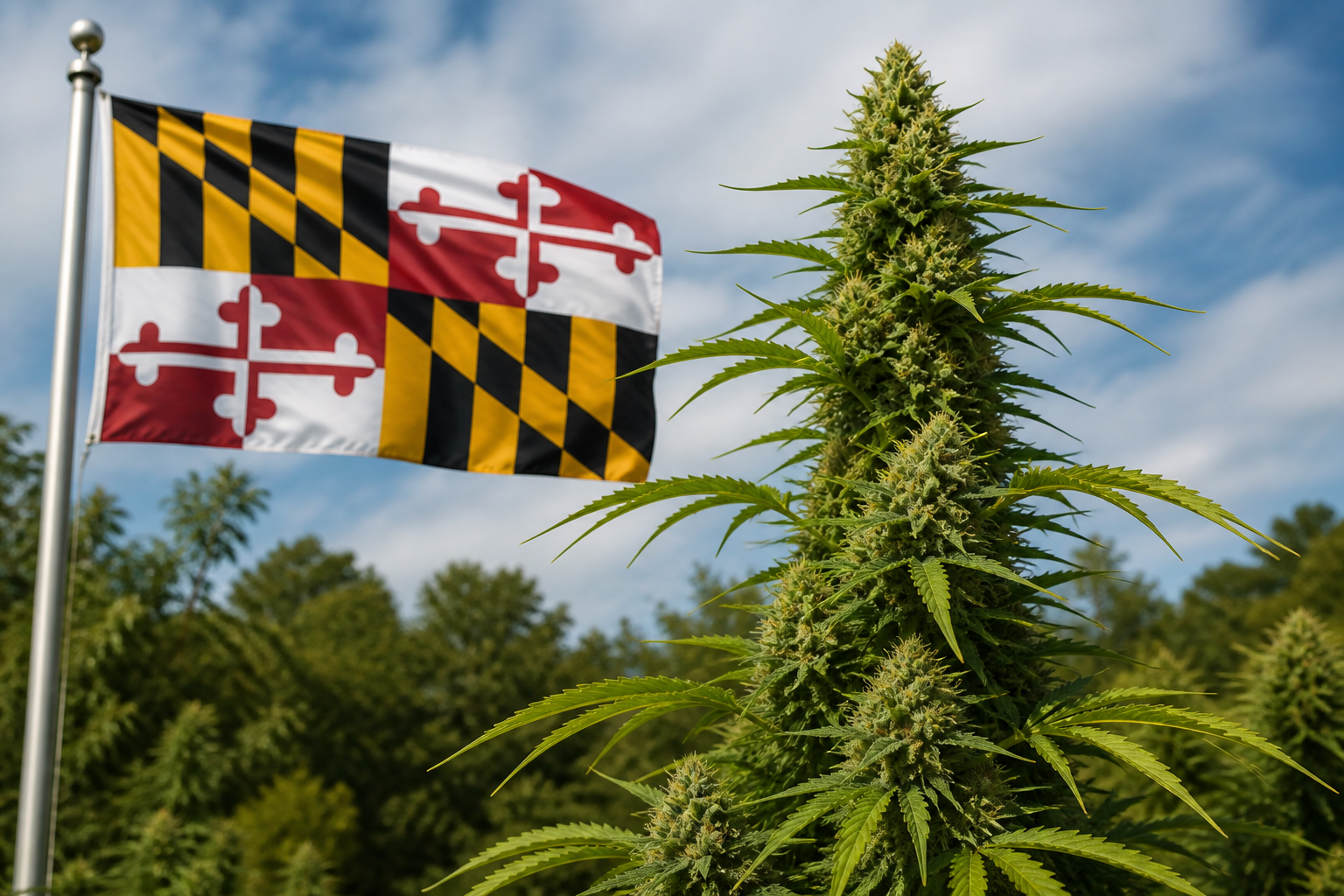 Flowering cannabis plant with the Maryland flag