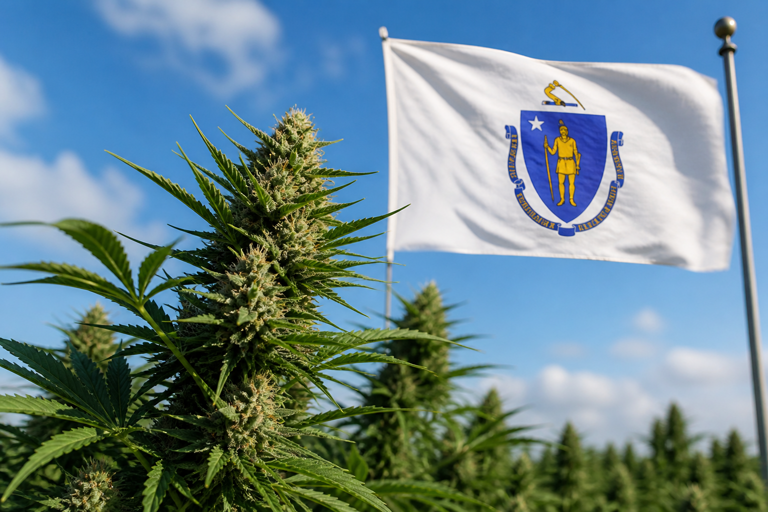 Flowering cannabis plant with the Massachusetts flag