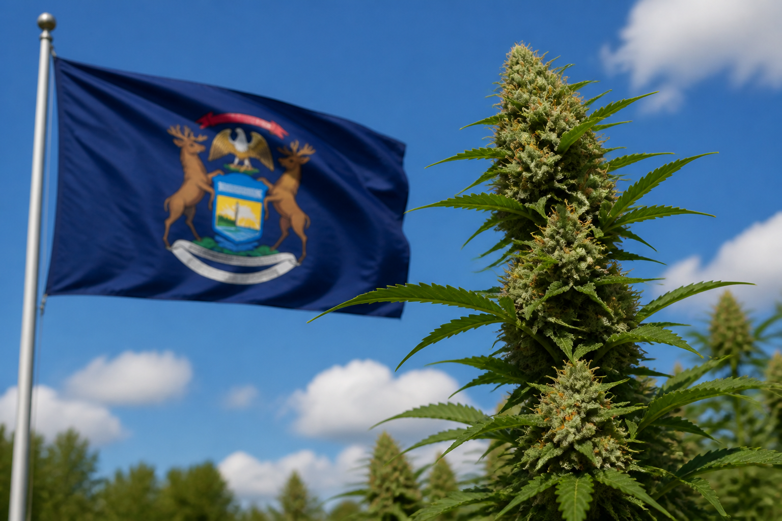 Flowering cannabis plant with the Michigan flag