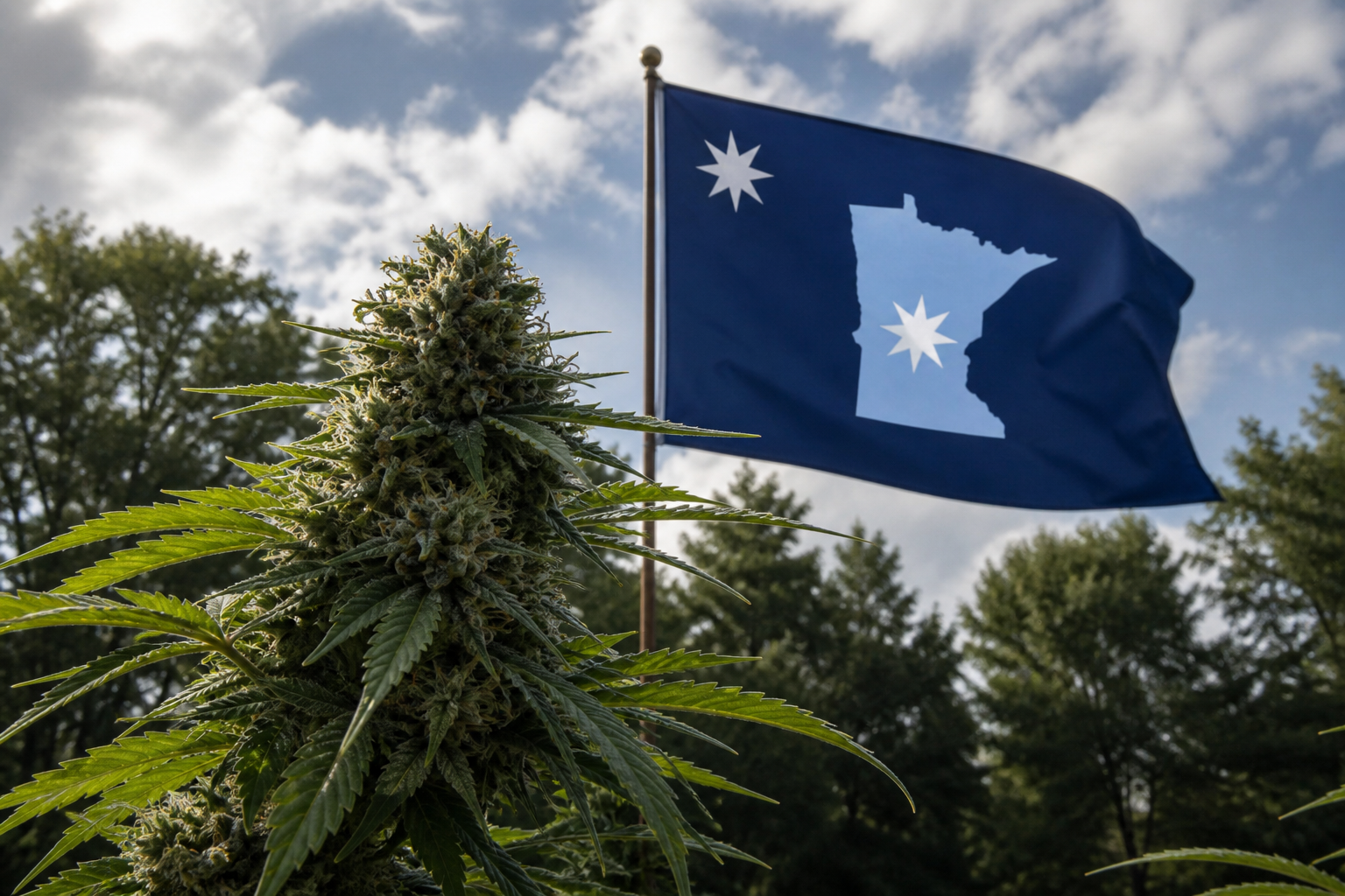 Flowering cannabis plant with the Minnesota flag