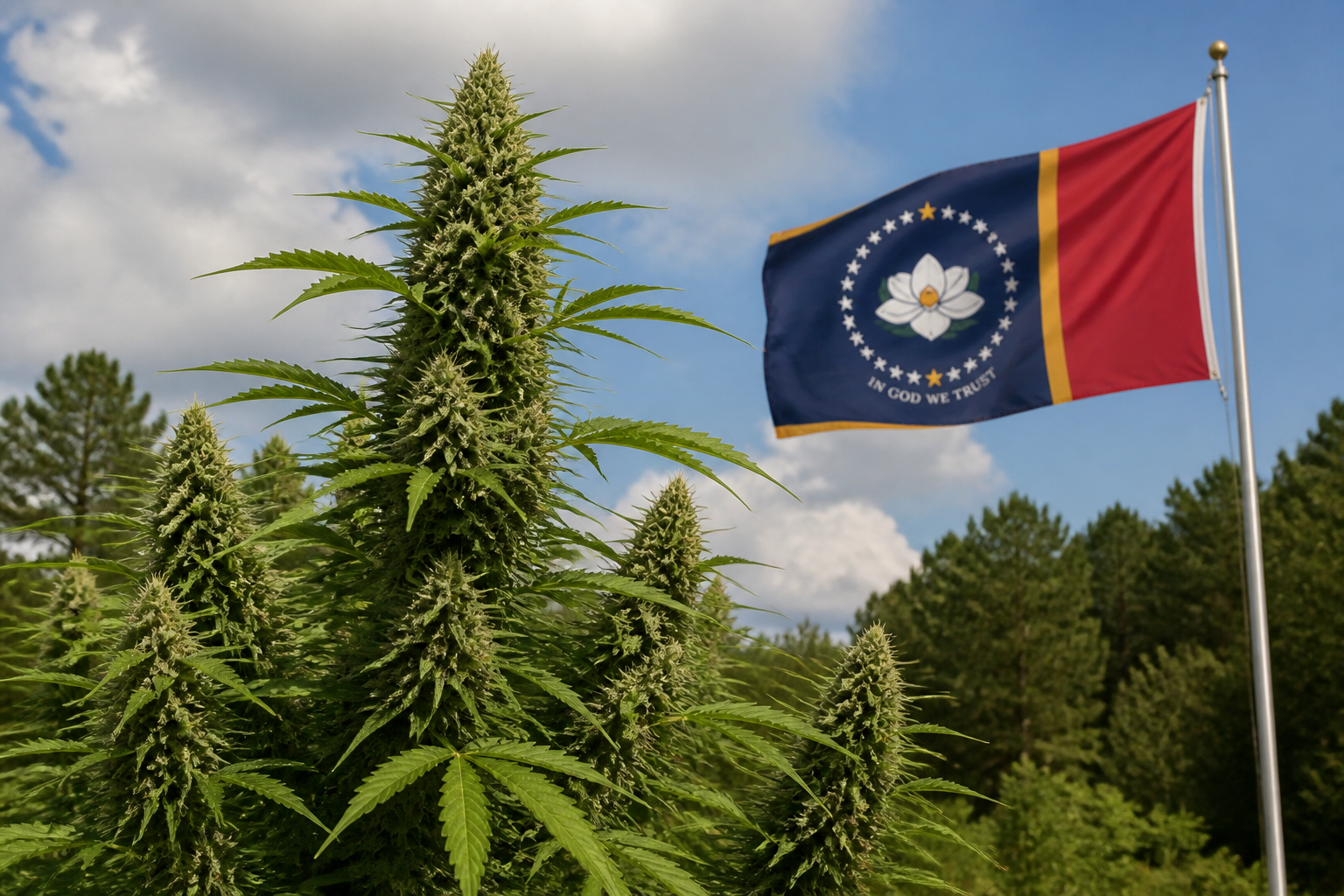 Flowering cannabis plant with the Mississippi flag
