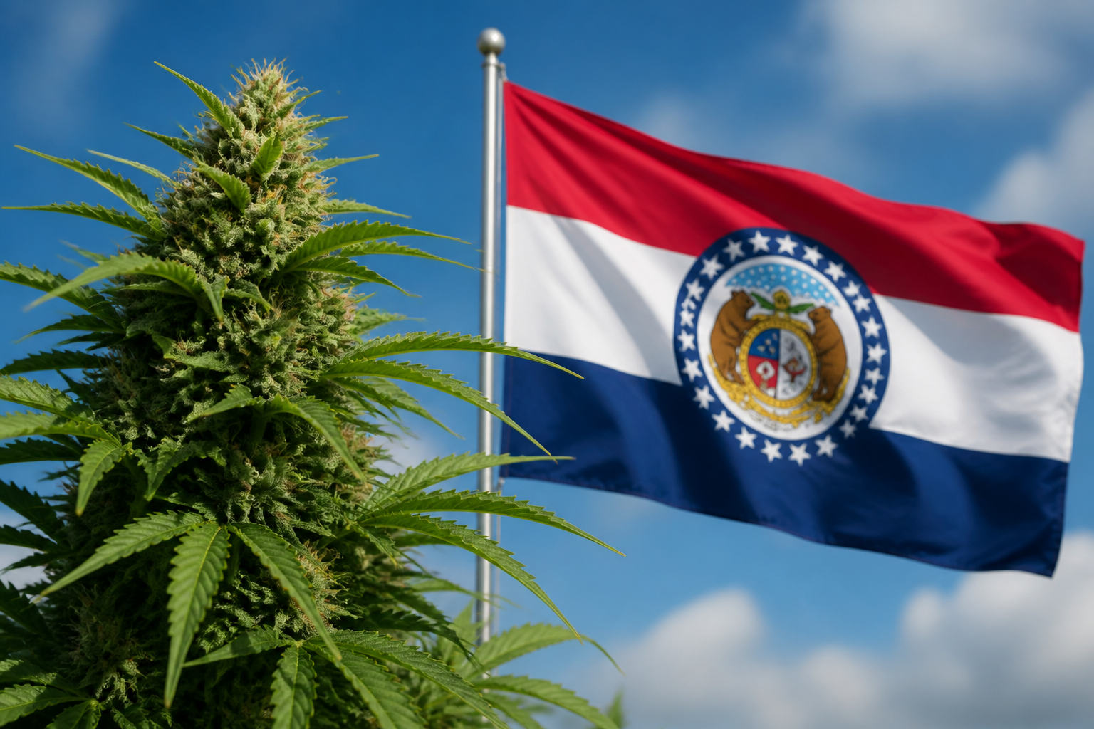 Flowering cannabis plant with the Missouri flag