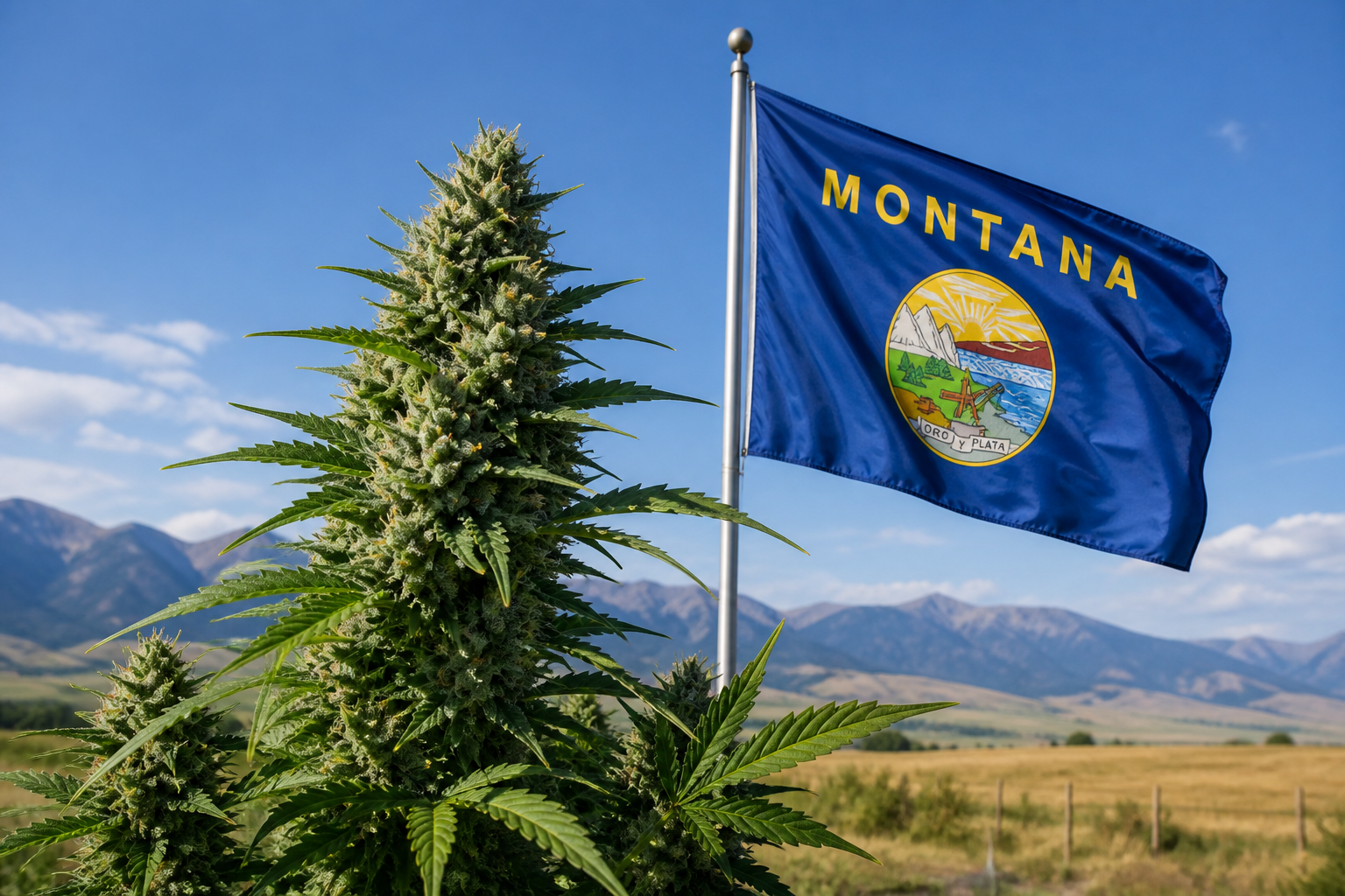 Flowering cannabis plant with the Montana flag