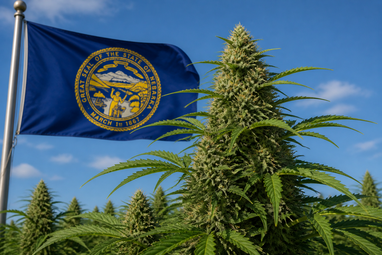 Flowering cannabis plant with the Nebraska flag